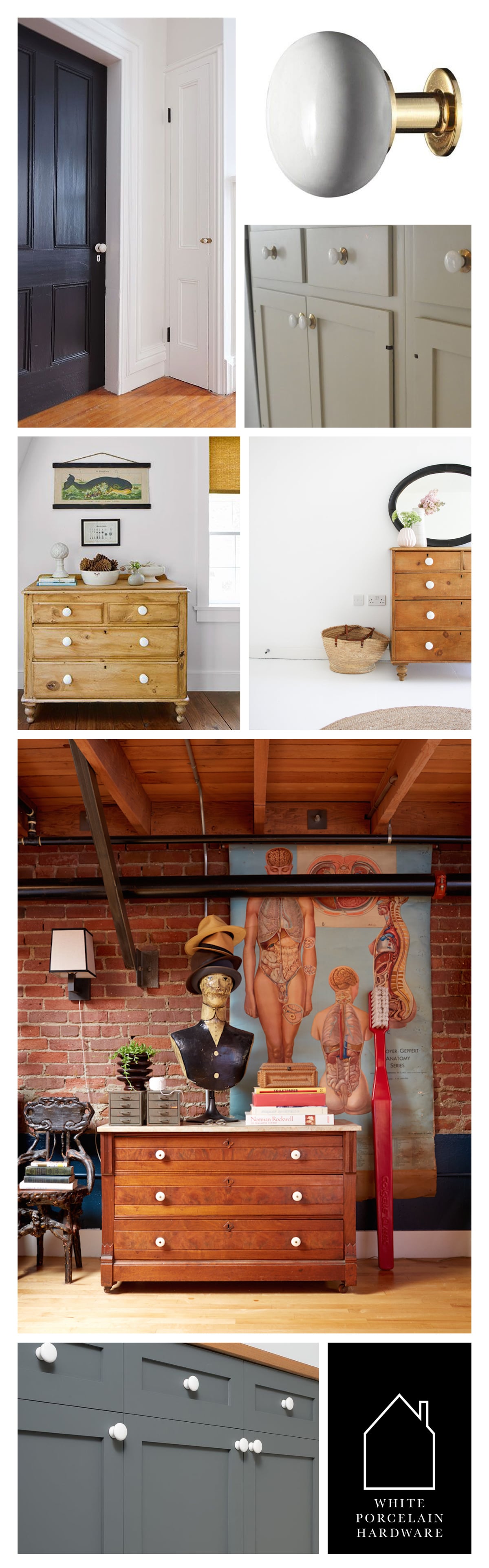 from top left - living room of Manhattan Nest - 1 1/2" white porcelain knob by Signature Hardware - via Nine & Sixteen Home blog - via Country Living - via Design Sponge - via Camille Styles - Chelsea porcelain knob by Schoolhouse Electric