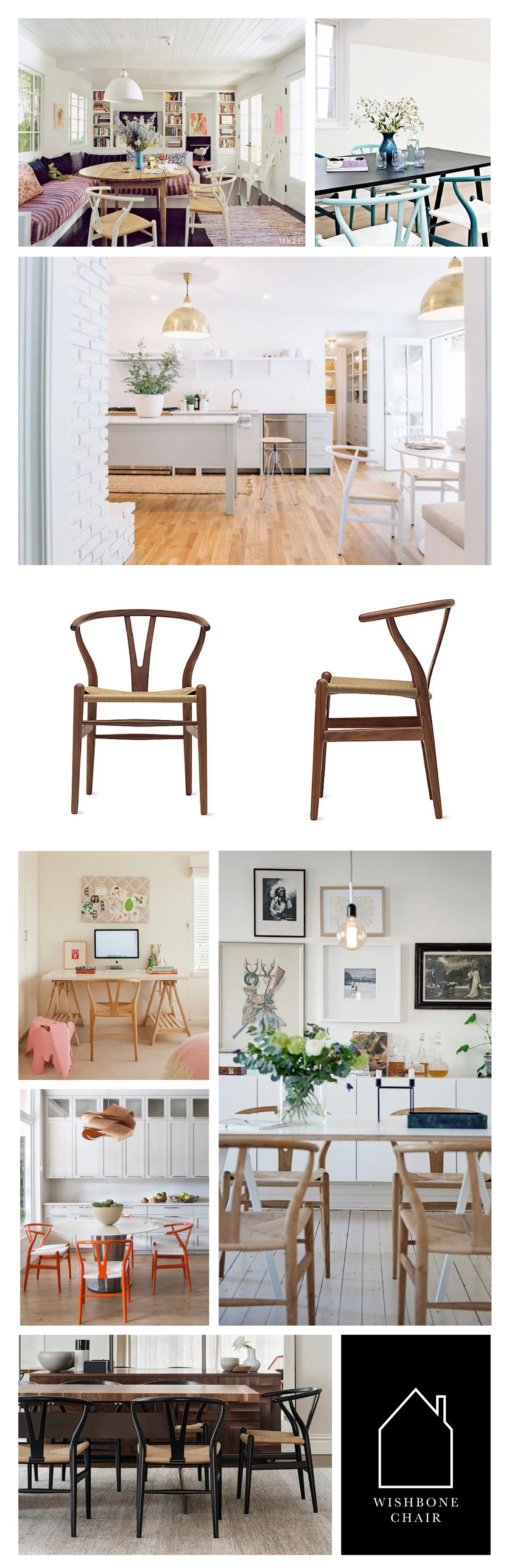 from top left - home of Amanda Peet via VOGUE - wishbone chairs in blue via REMODELISTA - kitchen design by Pencil & Paper Development Co. - wishbone chair in walnut via DWR - kids desk space via StyleCaster - source unknown - design by Krista Watterworth - Figtree House by Arent & Pyke