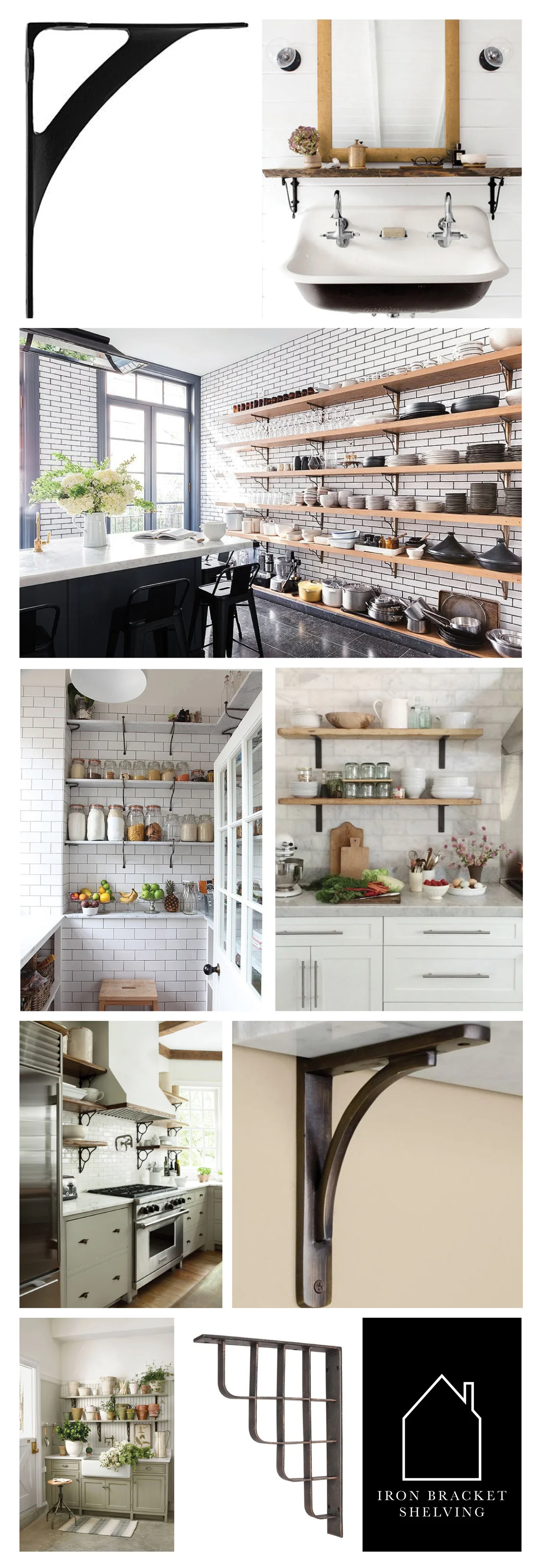 from top left - cast iron shelf bracket via House of Antique Hardware - home of Leanne Ford Shaffer of Acre Goods + Services via Country Living - townhouse of Alison Cayne via Habitually Chic - tile pantry via REMODELISTA - via Marcus Design Inc. - via workbook by westbrook - rustic brass shelf bracket via Signature Hardware - via Country Living - via Historic Houseparts