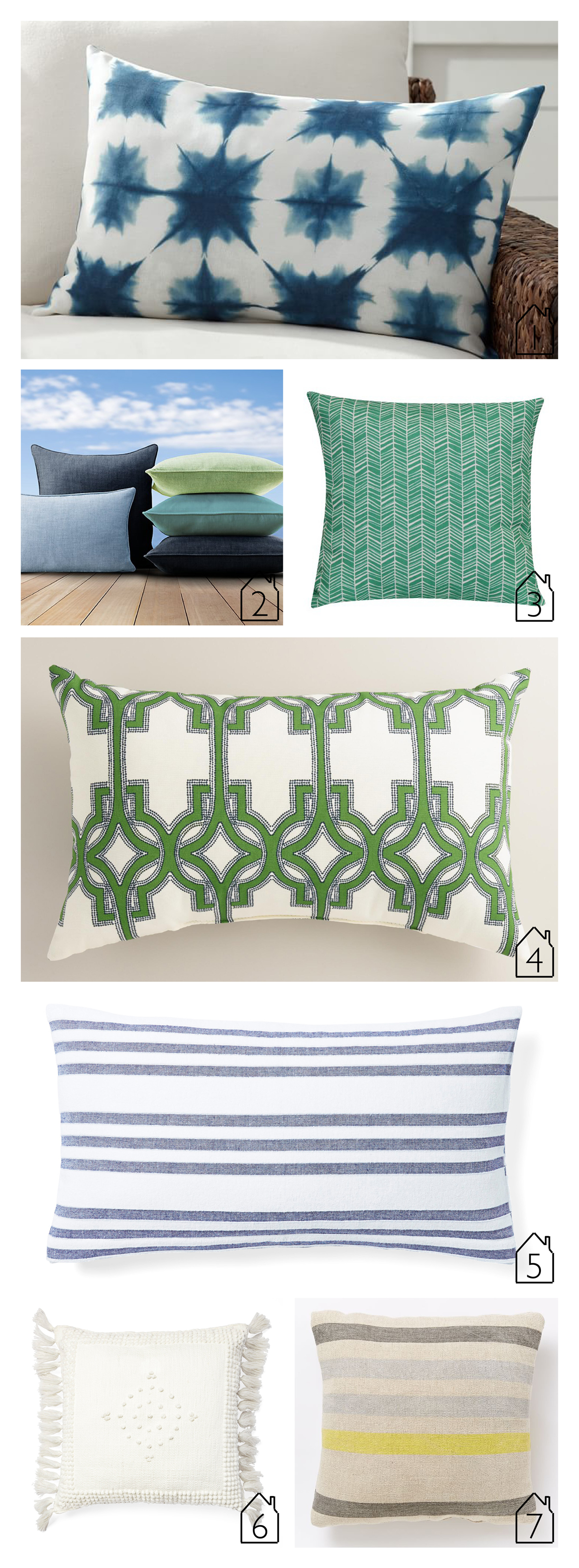 1. zuma starburst indoor/outdoor lumbar pillow by Pottery Barn 2. perennials textured linen weave pillow cover by RH 3. teal herringbone outdoor pillow by Target 4. green alonso geo outdoor lumbar pillow by World Market 5. pinstripe fouta pillow cover by Serena & Lily 6. montecito outdoor pillow cover by Serena & Lily 7. indoor/outdoor prep stripe pillow - frost gray by West Elm | THE PLACE HOME