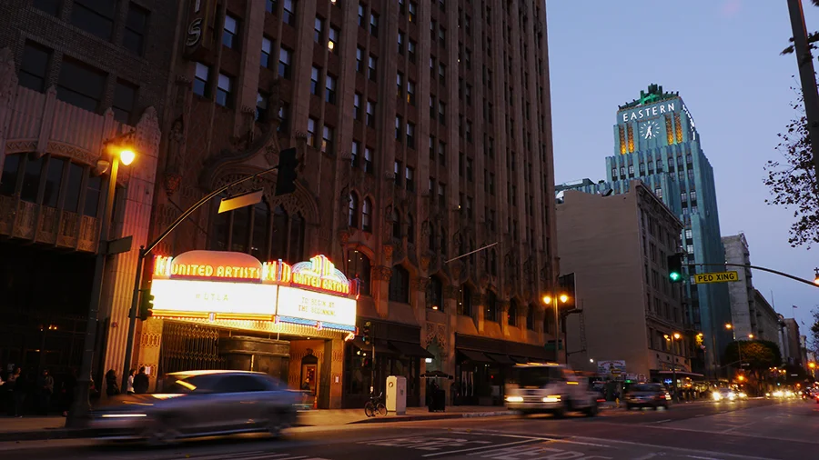 The ACE Hotel and downtown Los Angeles at sunset.