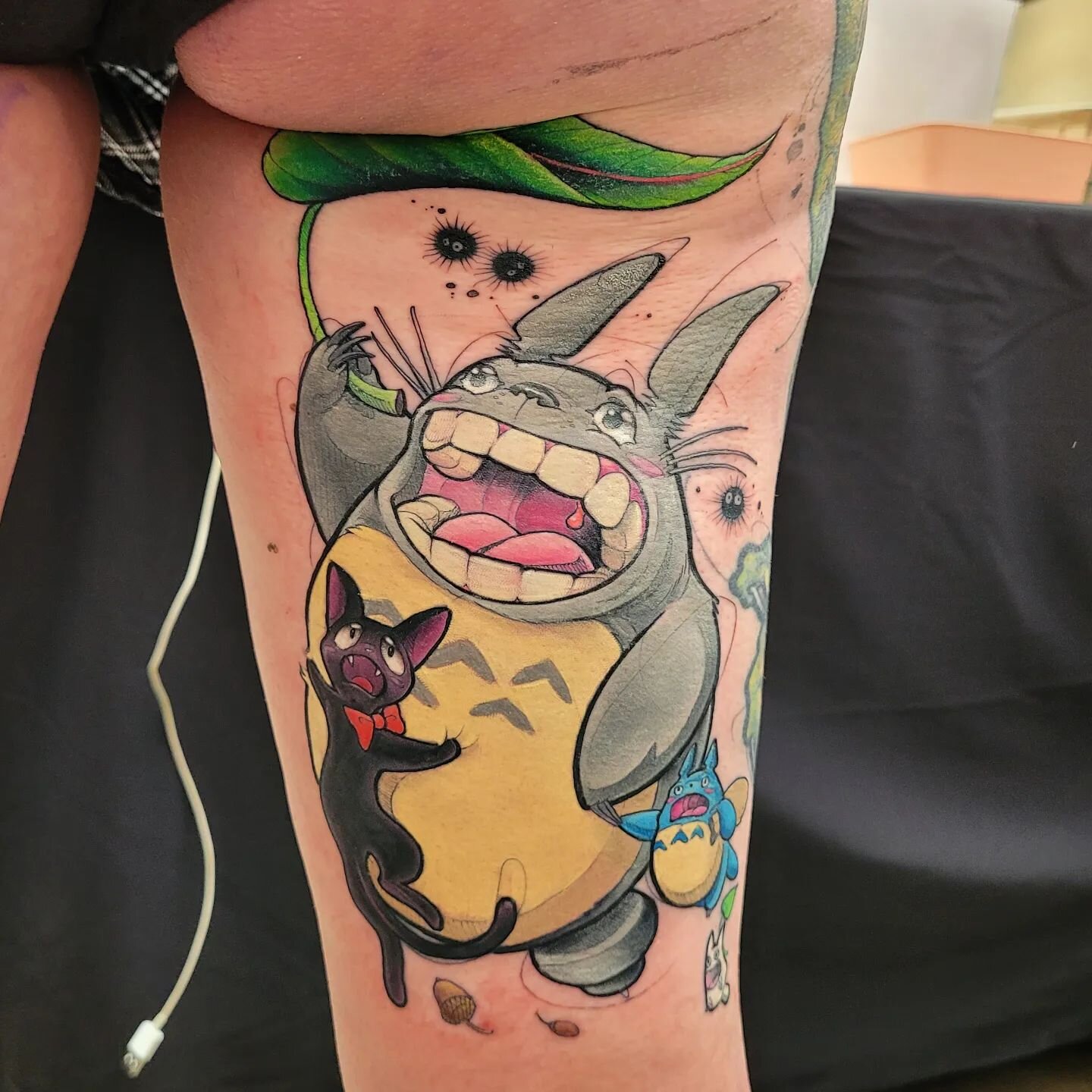 Totoro and friends, with Jiji and some Soot sprites for Amanda! I won 1st place tattoo of the day at @literaryink on Friday! Really Loved doing this one! 
.
.
#tattoos #tattoo #art #studioghibli #totoro #jiji #kikisdeliveryservice #instagood #love #a