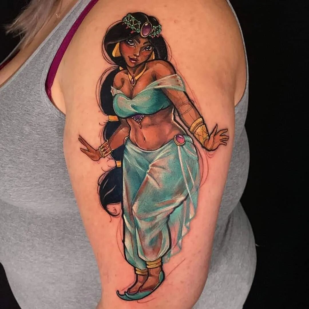 Happy international woman's day! 
👸🏾I had so much fun tattooing my version of Princess Jasmine for Jasmine! 🧞&zwj;♂️
.
Who's your Favorite Princess?
.
.
.
.
.
.
 
#tattoosbyjorell#tattoos#tattoo#longbeach#art#love#losangeles#watercolor#watercolort