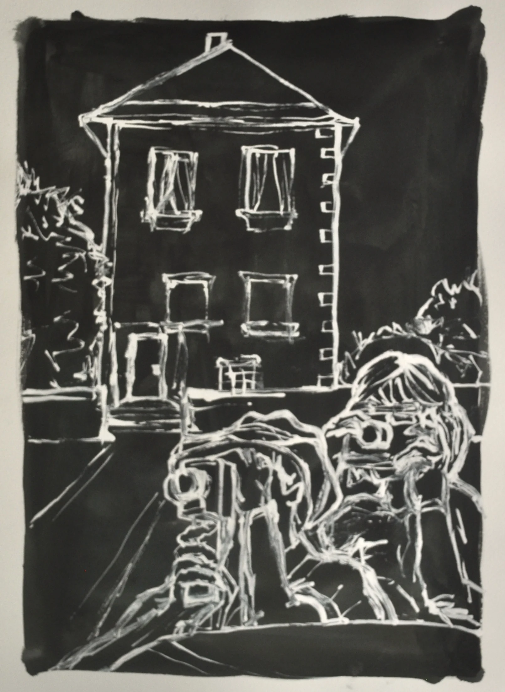   Spotters Spotted Spotting,&nbsp;  2014,&nbsp;  Watercolor and white ink on paper,&nbsp;  11in. x 15in.     