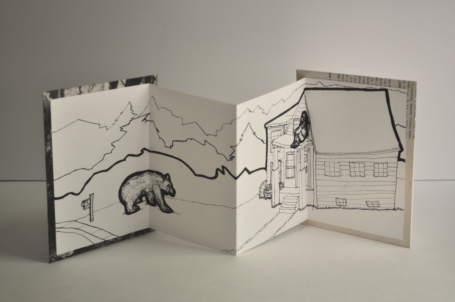 “And when I was sneaking out of the house…” 2013, Artist book with ink drawing, textbook page, 6in. x 15.5in.