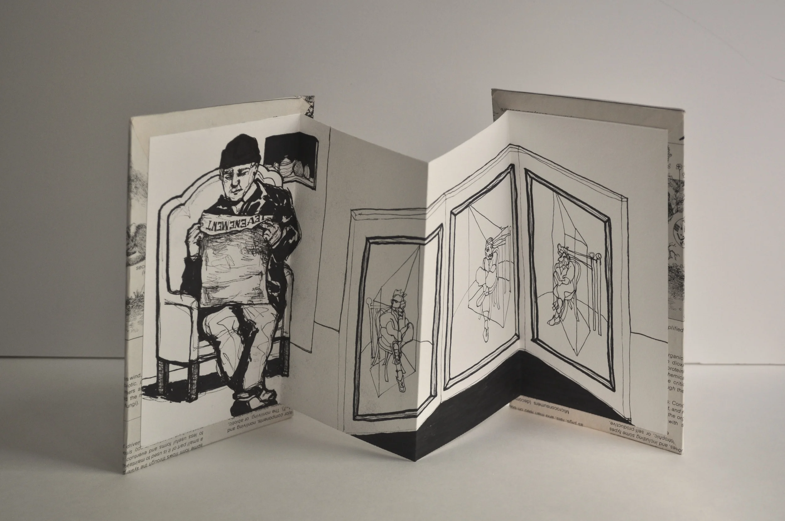    Mr. Cezanne’s Disdain    2013,&nbsp;Artist book with ink drawing, textbook page cover,&nbsp;7.5in. x 15.75in. 