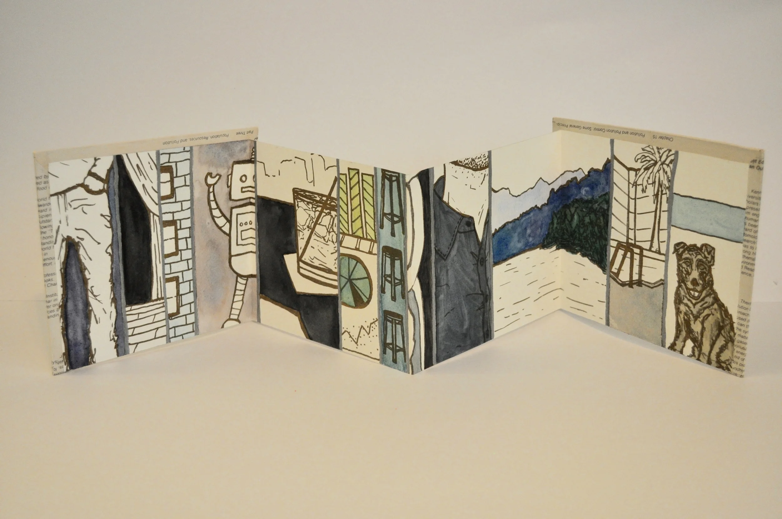 A Dozen Attempts 2015, Artist Book with ink drawing, watercolor, marker, and textbook page cover. 6in. x 25in.