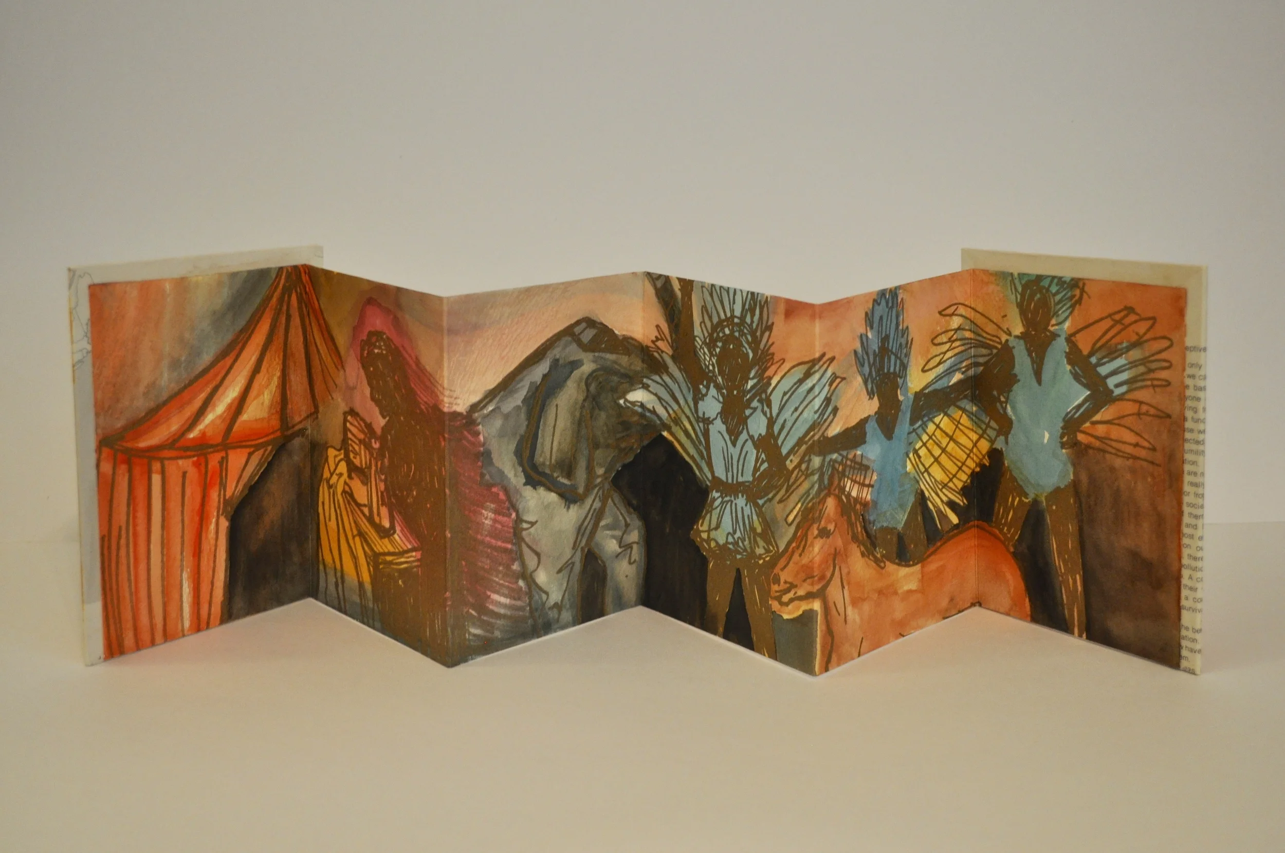 "Where did you meet your husband?" "We met while working on the circus." 2015, Artist Book with marker, watercolor, and textbook page cover. 6in. x 25in.
