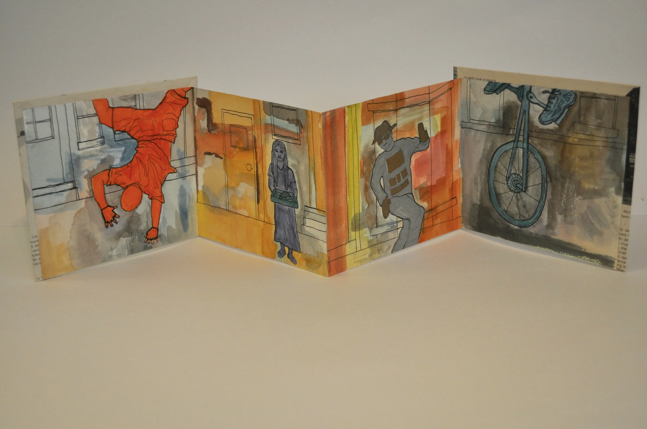 Observations in a Shared Space 2015, Artist Book with marker, pen, watercolor, and textbook page color. 6in. x 25in. 