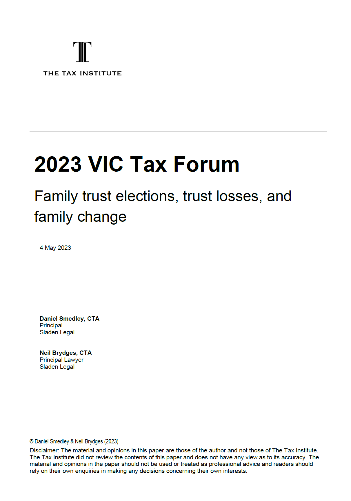 2023 VIC Tax Forum Family trust elections, trust losses, and family change