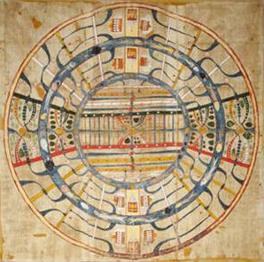 Cosmological Diagram . Gujarat, 18th century. Opaque watercolor on cloth with canvas backing. 27 ¾ x 27 ¼ in. (70.5 x 69.3 cm). Shraman Foundation 2013.3.