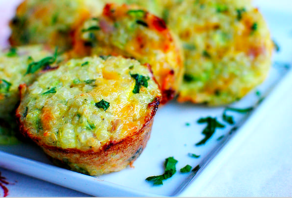  *Serves 16*Ingredients: 2 cups grated zucchini (about 1 or 2 medium sized)1 egg1/2 cup grated Parmesan cheese1/2 cup cooked quinoaOption: 1/4 cup chopped cilantro, salt &amp; pepperPreheat oven to 400 degrees. Spray a mini muffin pan with nonstick …