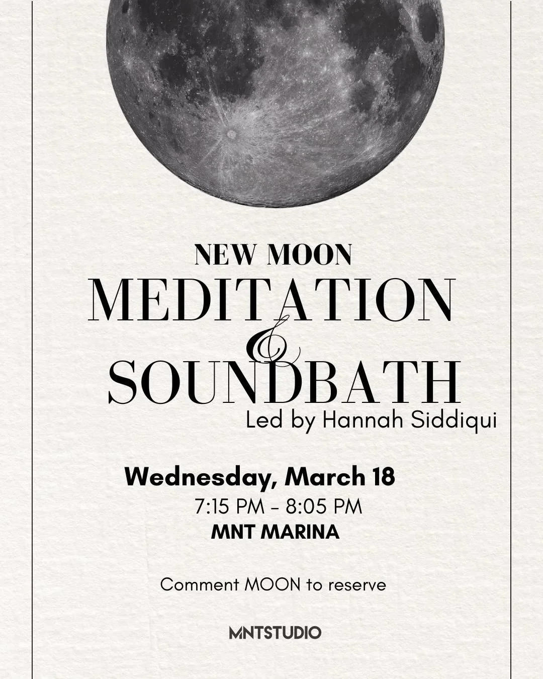 Back by popular demand, join us for a New Moon Meditation &amp; Soundbath with @theroadtohannah 

🗓️ Wednesday, March 18
⏰ 7:15 PM - 8:05 PM
📍 MNT Marina
🎟️ $15 members | $35 non-members

Comment MOON to save your spot 🌕

Step into the new lunar 