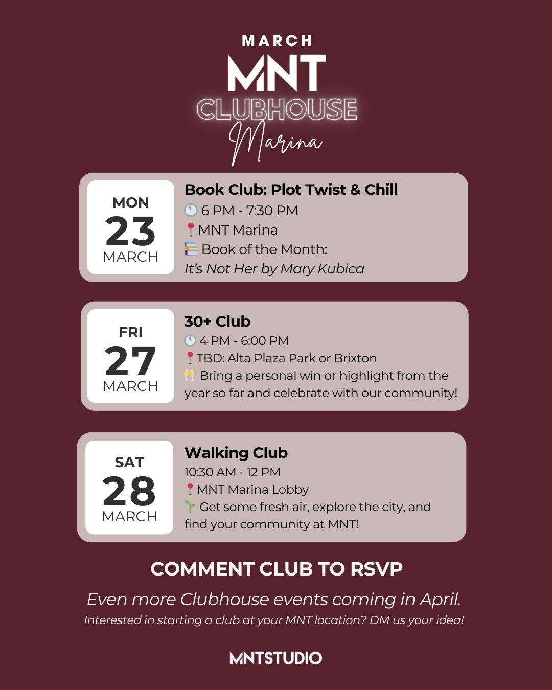 MNT Marina 📣 Looking for new ways to connect with the MNT community?

Our FREE MNT Clubhouses, led by our amazing ambassadors, are designed to bring members together both inside and outside the studio, from movement meetups to casual community hangs