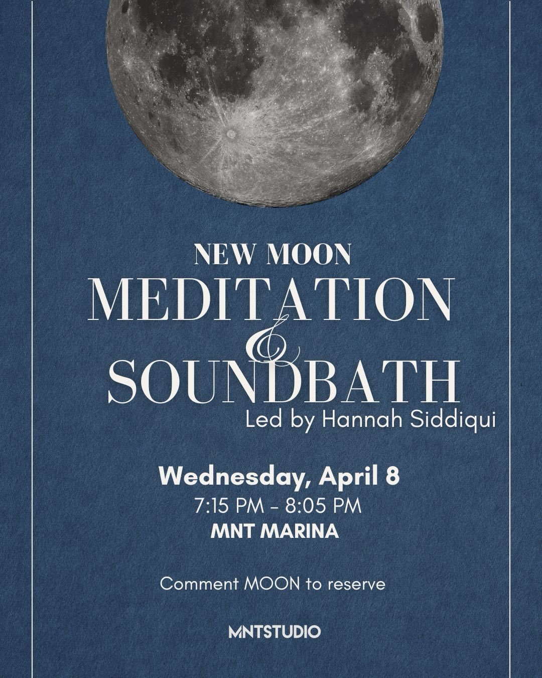 Back by popular demand ✨ join us for a New Moon Meditation &amp; Sound Bath with @theroadtohannah

🗓️ Wednesday, April 8
⏰ 7:15 PM &ndash; 8:05 PM
📍 MNT Marina
🎟️ $15 members | $35 non-members

Comment MOON to reserve your spot 🌕

Welcome the new