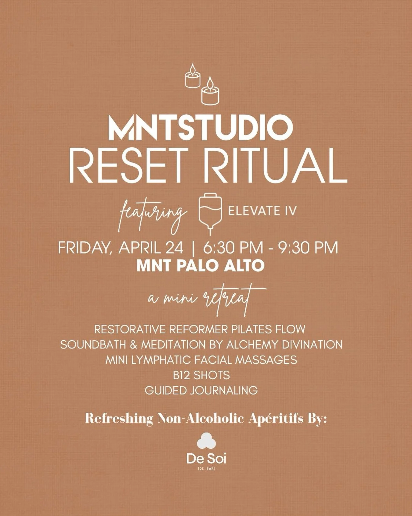 Press reset before the weekend begins. ✨
Join us at MNT Palo Alto for our mini retreat, Reset Ritual, designed to help you slow down,
reconnect, and recharge.

🗓 Thursday, April 24
⏰ 6:30 &ndash; 9:30 PM
📍 MNT Palo Alto

Your evening includes:
✨ 40
