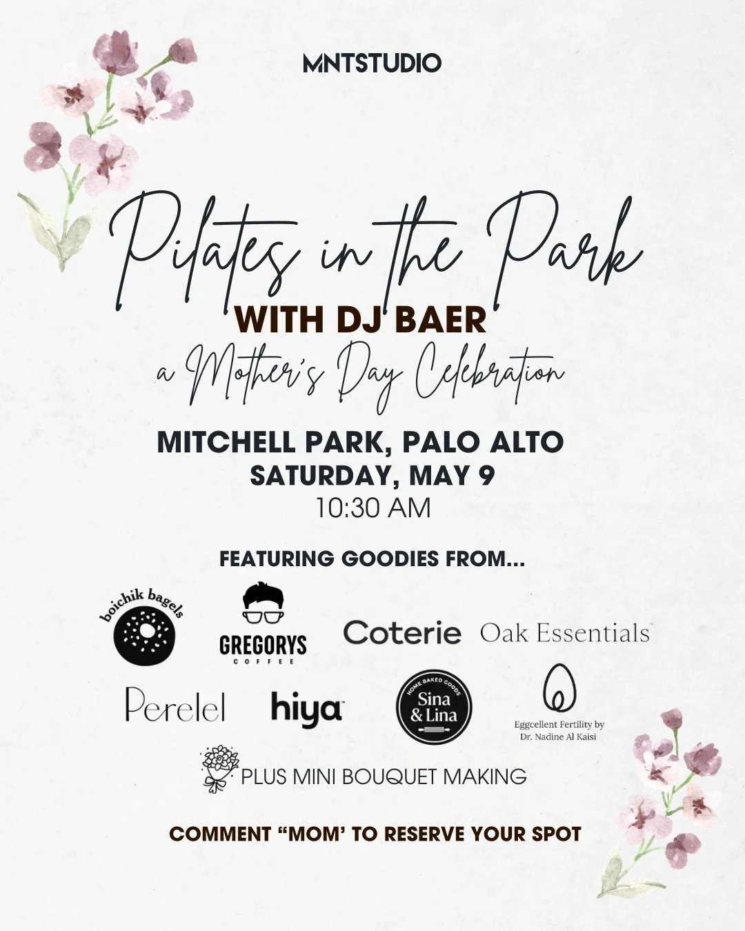 We&rsquo;re taking MNT out of the studio for a special Live DJ Mat Pilates class designed for soon-to-be moms, new moms, experienced moms and all who support moms. 

🗓 Saturday, May 9
📍 Mitchell Park, Palo Alto
🕥 10:30 AM
🎟️ $10 for MNT members |