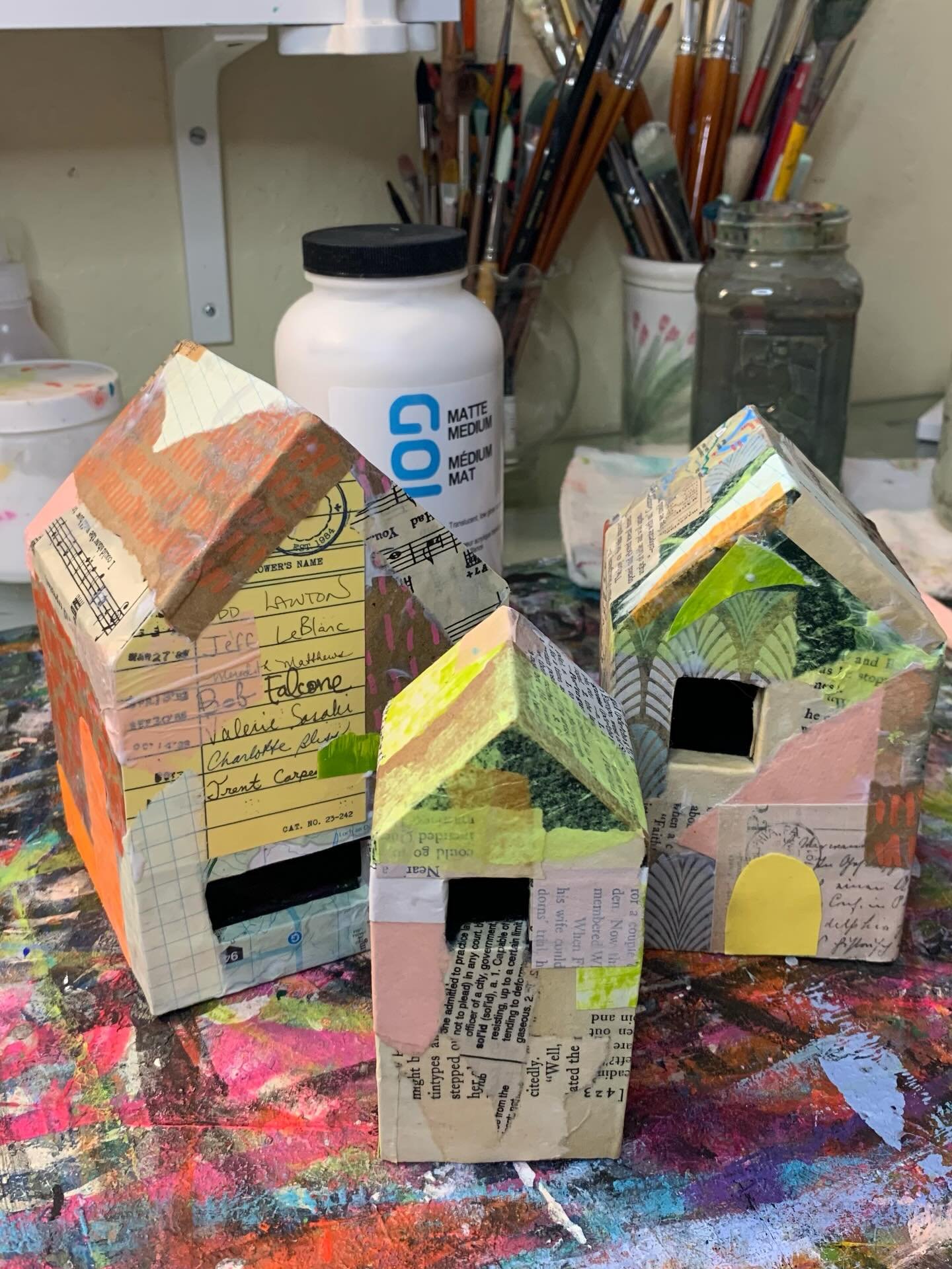 Latest playtime project. I&rsquo;m deeply connected to the concept of home, so when I found these nesting houses at the thrift store I immediately pictured them collaged. I may add a few finishing touches to them, but they&rsquo;re almost finished. H
