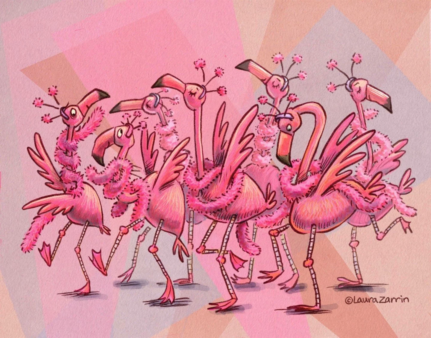 I recently read a romance novel where the female main character was a flamingo zookeeper. The whole time I kept thinking about a flamboyance of flamingos. Of course, I had to draw one . . . as flamboyantly as possible. The book was JUST FOR THE CAMER