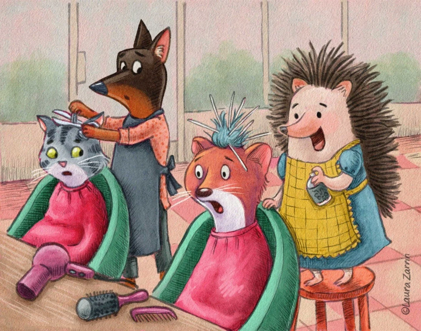 This year is flying by which is how it's #kidlitartpostcard day once again! This is an illustration of what happens when you have a creative hedgehog as a hair dresser. Author/illustrator here. I'm looking for picture book, chapter, and young graphic