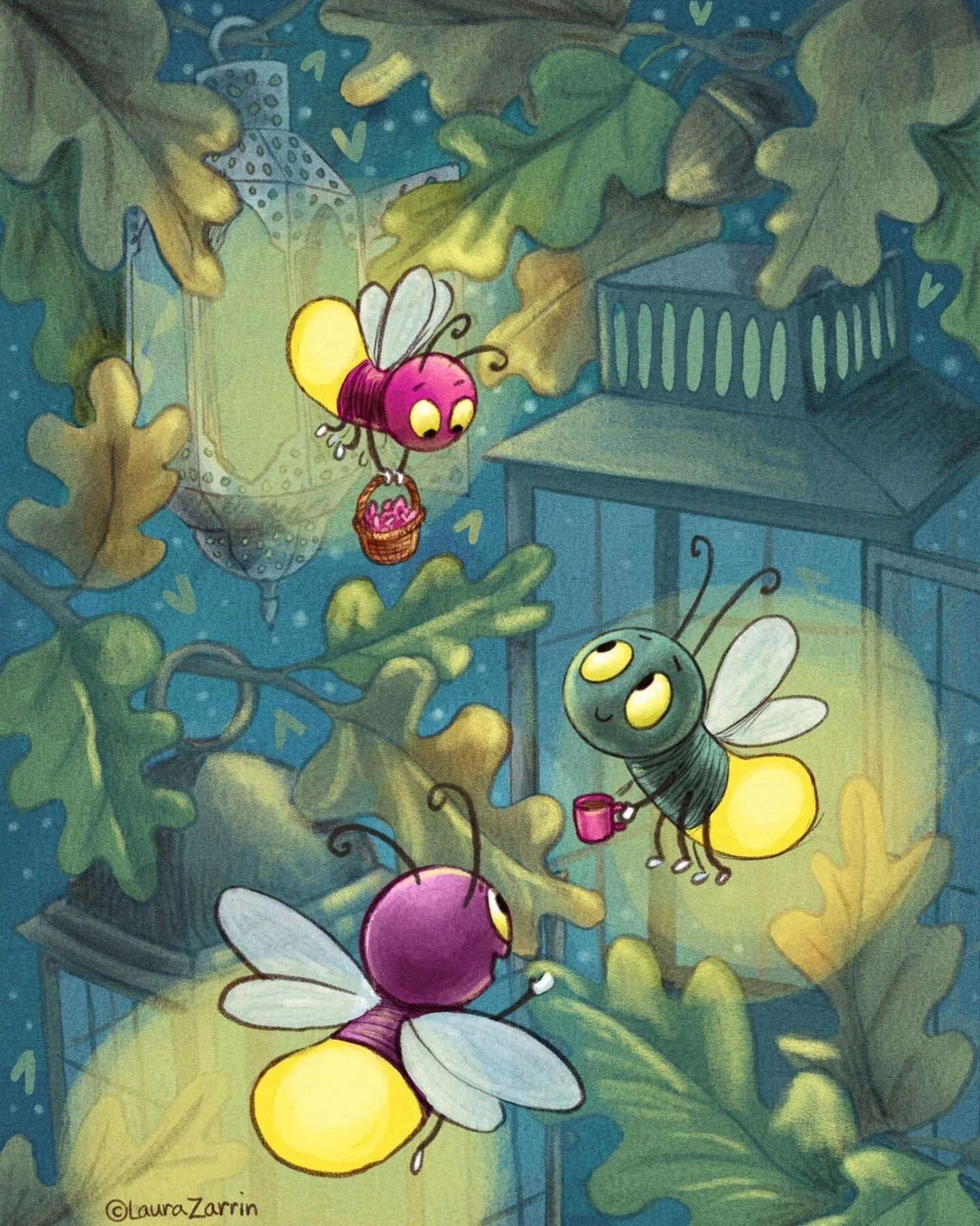 I love fireflies or as I know them, lightening bugs. I wish we had them where I live now! In this illustration I imagine them living in lanterns. #fireflies #picturebookillustration #kidlitart