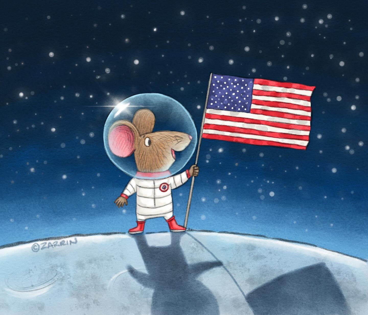In honor of #ArtemisII. #kidlitart #mouseonthemoon #picturebookillustration