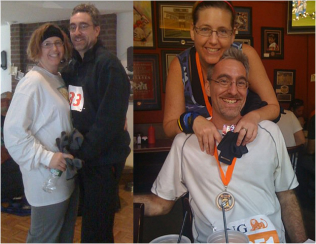 Ron and I after our 5K and, a few years later, after a half-marathon.