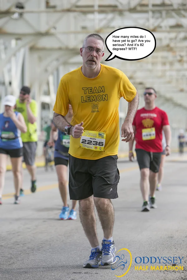 Me running the 2016 ODDYSSEY half-marathon in 82 degrees heat and not feeling so great.