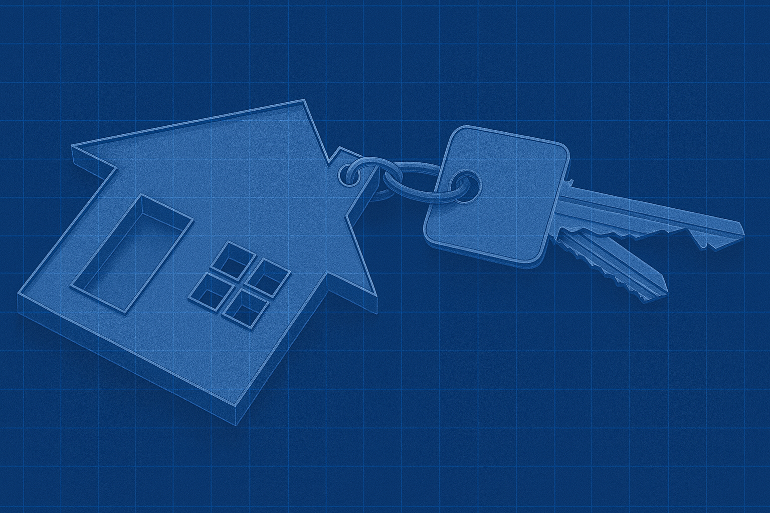 Blueprint-style illustration of a house-shaped keychain with keys attached, on a blue grid background.