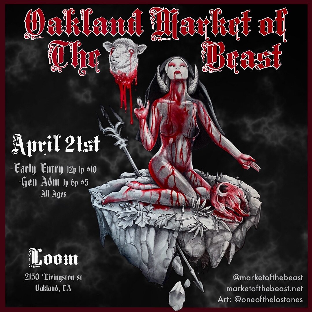 Counting down the days until Oakland @marketofthebeast ! I&rsquo;ll be introducing some new items there that I&rsquo;m very excited about so stay tuned for that!
April 21st (AllAges)
Early Entry 12p-1p $10
Gen Admin 1p-6p $5
@theloomoakland

art: @on