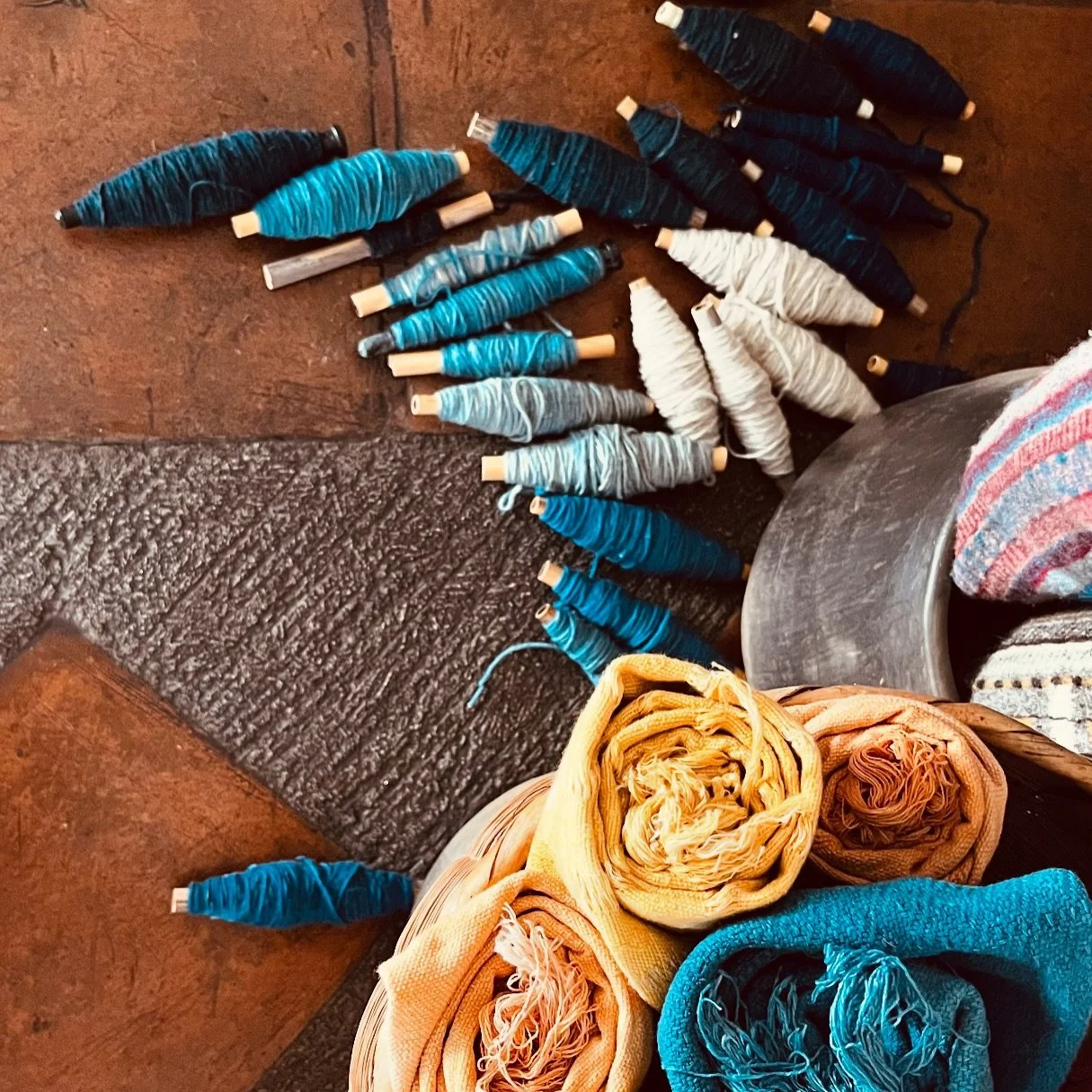 More photos from Teotitl&aacute;n de Valle, including natural dyed yarn and weavings, the church and some of the Zapotec carvings included in the walls (Spanish colonizers would often dismantle the pre-existing native architecture to build churches, 
