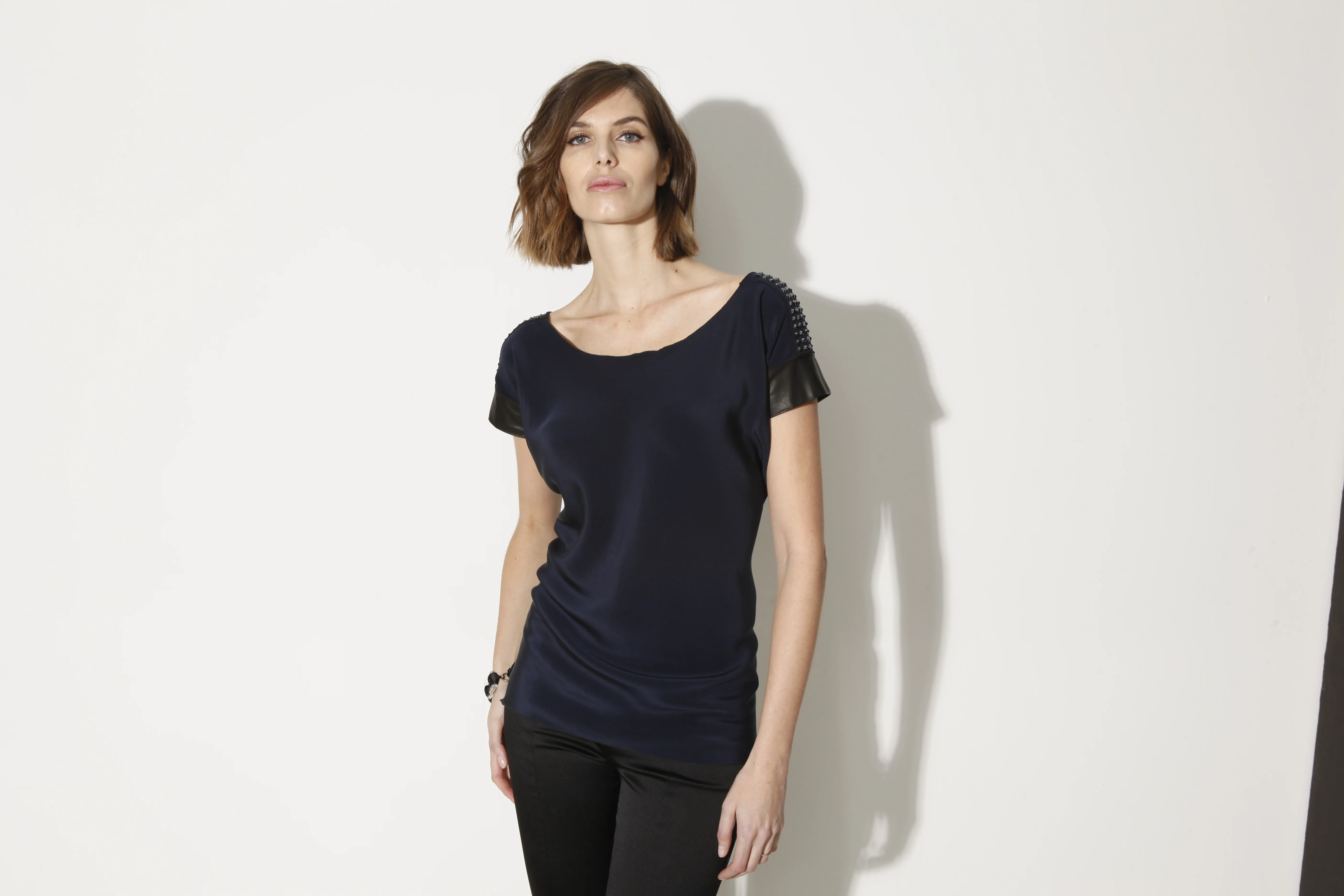 Scoopneck w/ Leather Cuff & Crystal Stud Epaulette