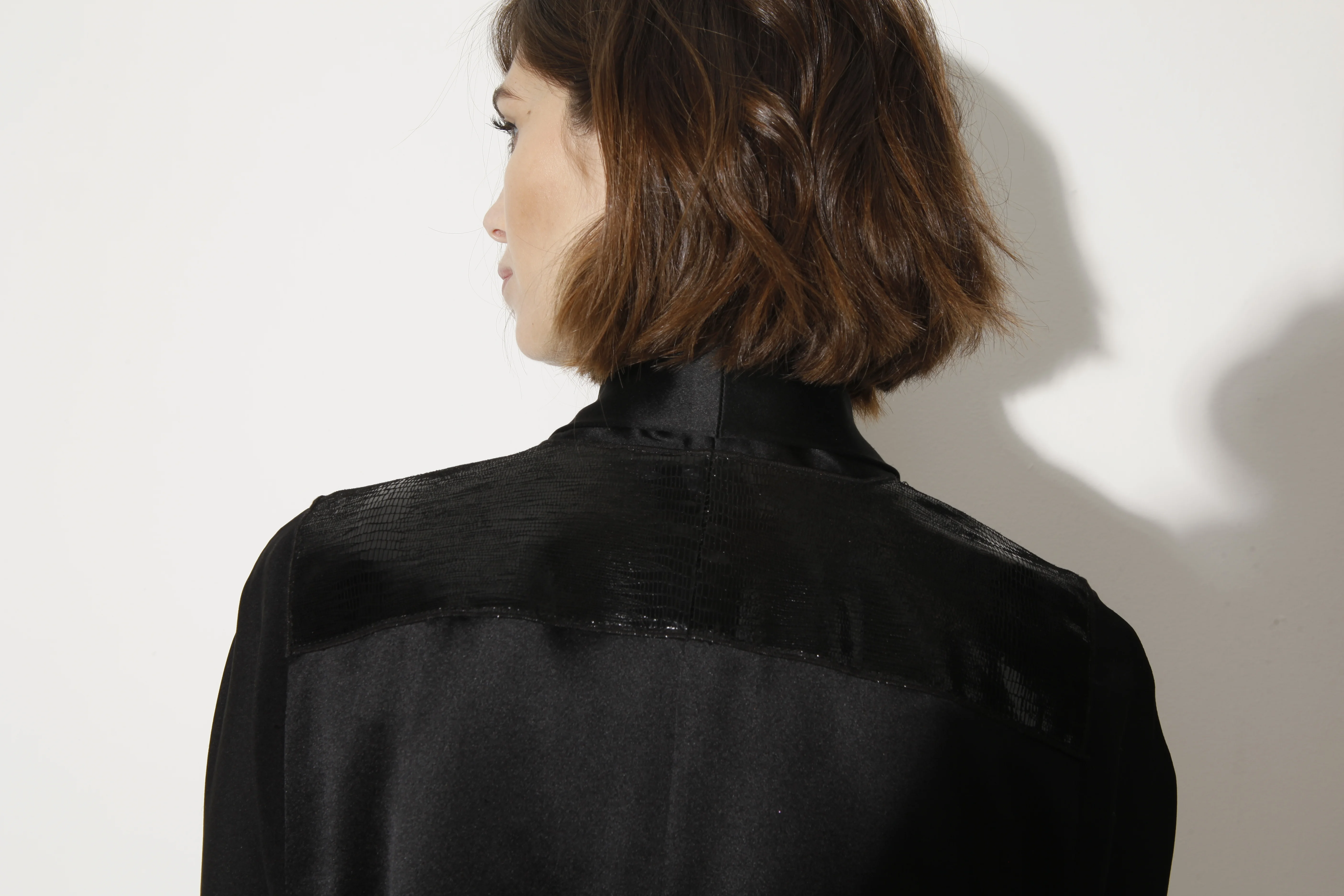 Leather Yoke Satin Cardigan