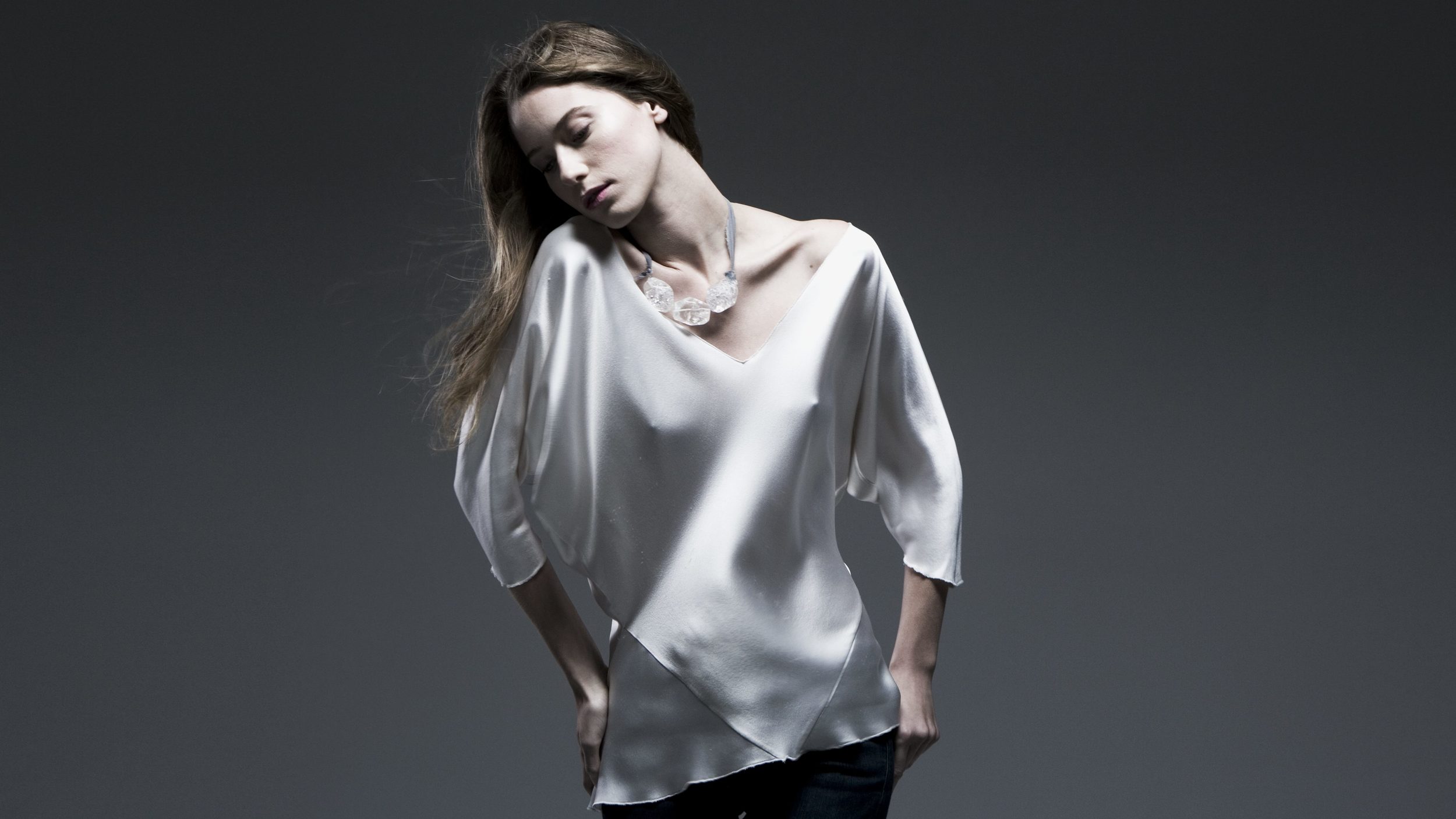 V-NECK BIAS SQUARE TOP IN WHITE CREPE BACK SATIN & crystal choker, a design that GREW a business