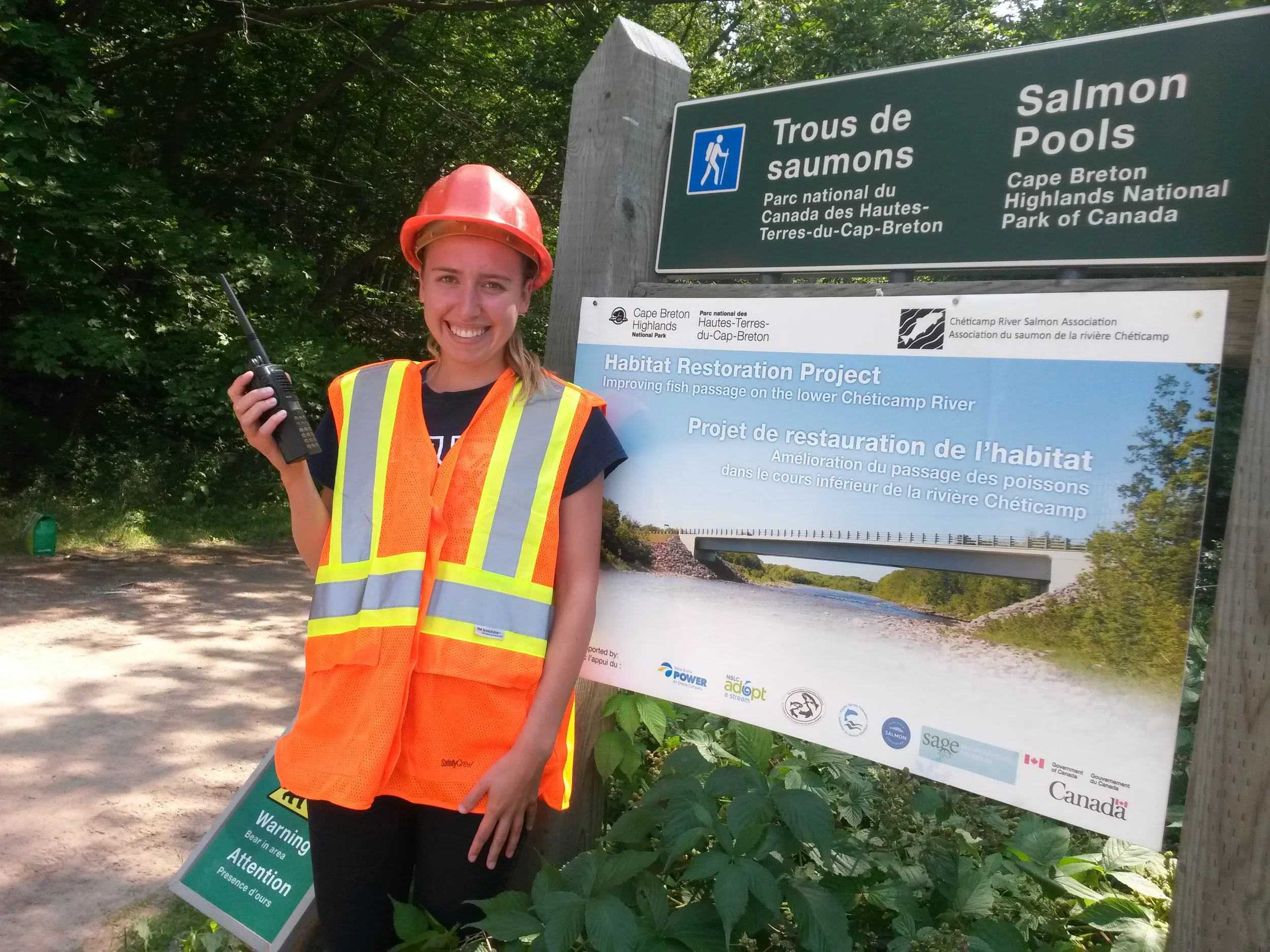 Catherine Thompson, CRSA’s Crew Supervisor for its student habitat restoration work crew, was on site to help with traffic control during this year’s instream work on the Cheticamp River.