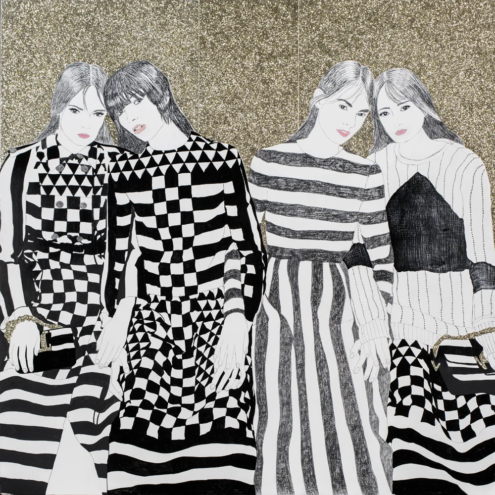 Valentino (Black and White): Mixed Media on Wood Panel