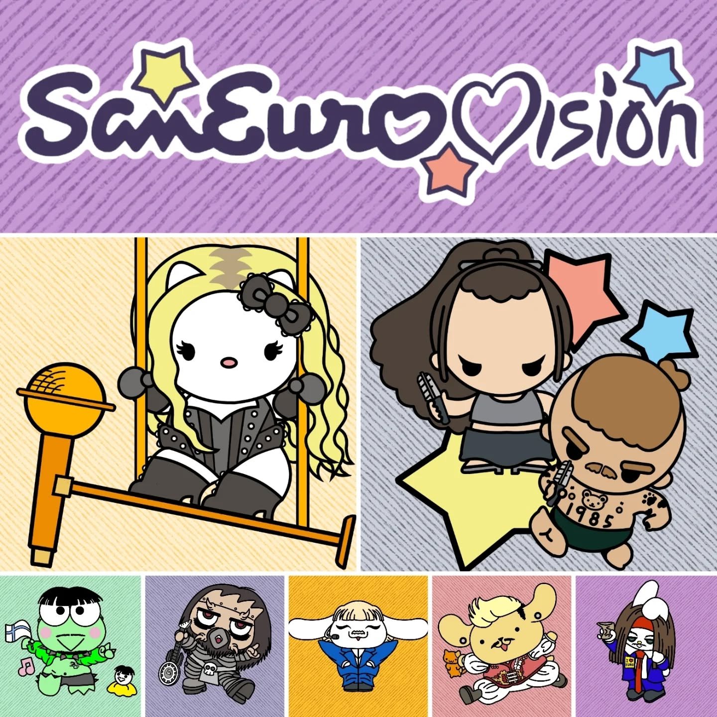 This kawaii parody project has been ongoing for two weeks 😅
K&auml;&auml;rij&auml; was in Japan this week so I needed to post...
🌈SANEUROVISION FRIENDS🌈

Meet:
💚K&auml;&atilde;roppi 
❤️TomMy Melody Cash
💙Kleinamoroll
🐈Rim Tim Tagi Purin
😸EriKi