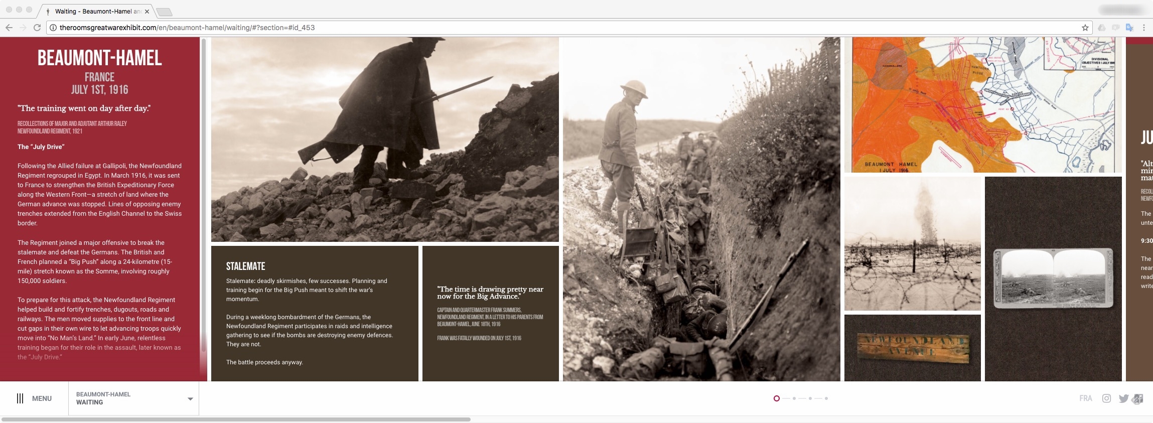 The grid pattern of the graphics in the physical exhibit was repeated in the virtual exhibit. The result is a website that encourages exploration through the juxtaposition of images and artifacts.