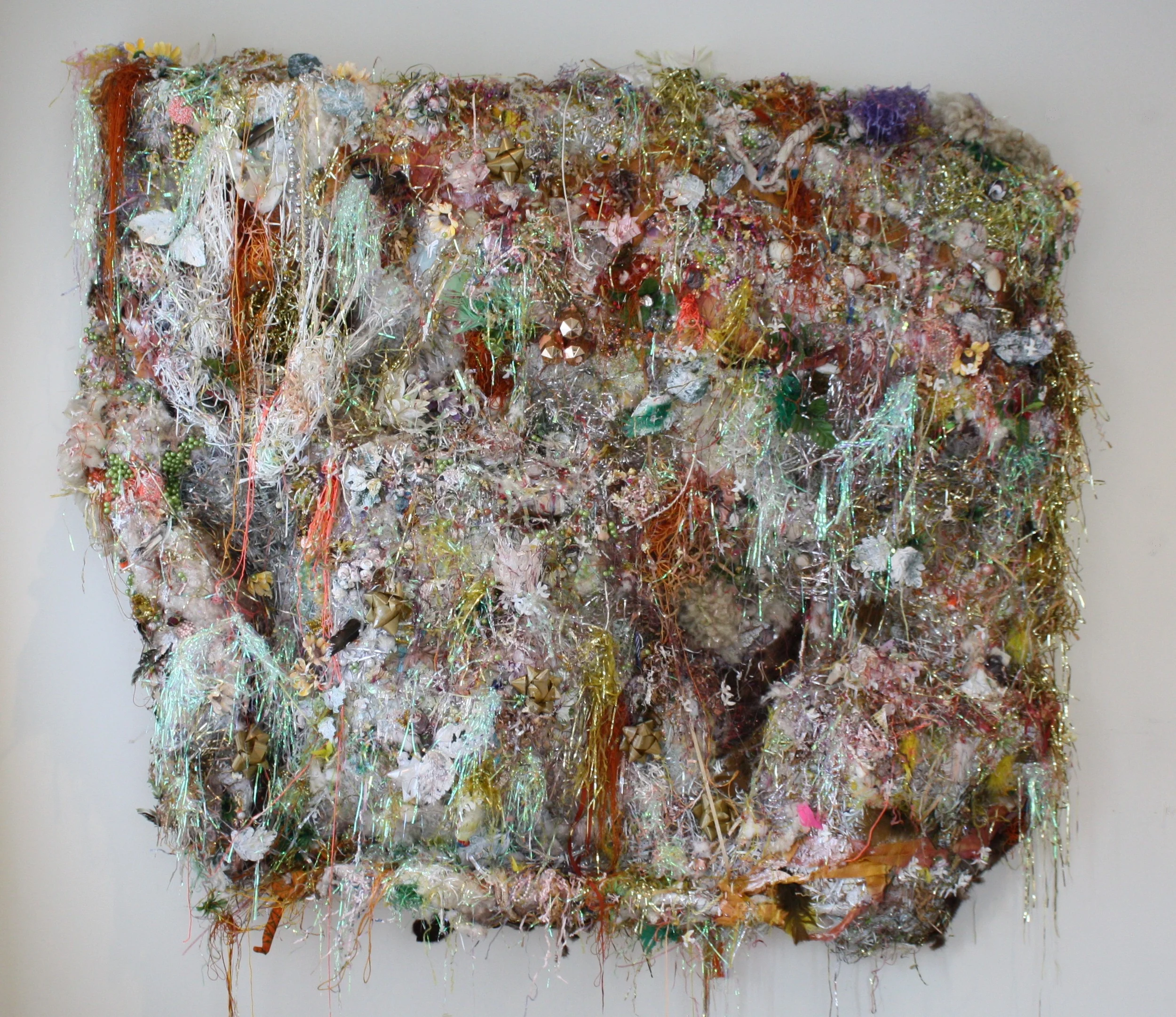 kite string, Easter grass, fake foliage, tinsel, upholstery fabric, glue, wire mesh over wood frame | 5 FT x 4 FT x 1 FT | 2012