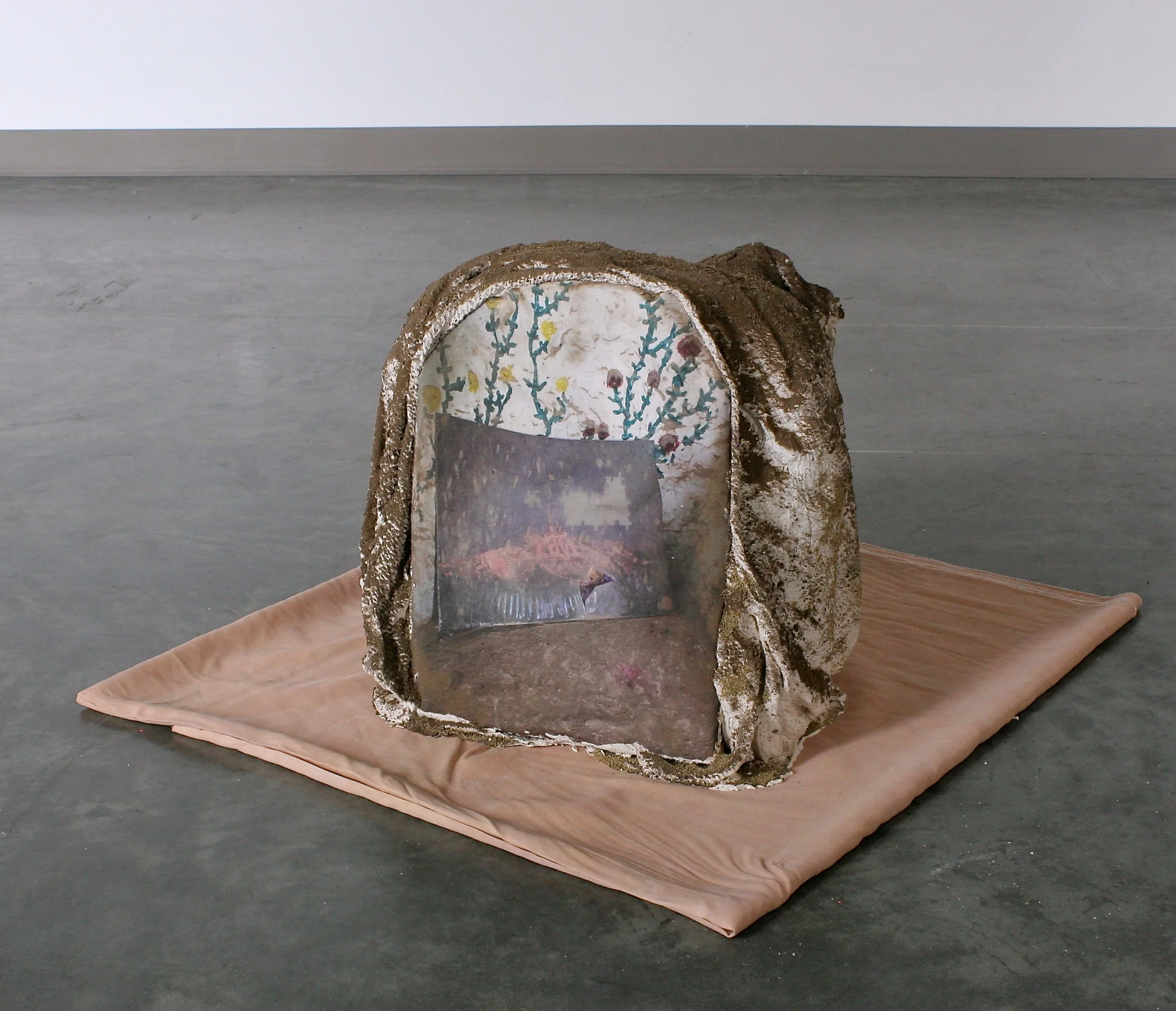 Puzzle, materials: photograph on canvas, burlap, plaster, dirt from Pepper Canyon, wood and wire armature, silk base (Copy)