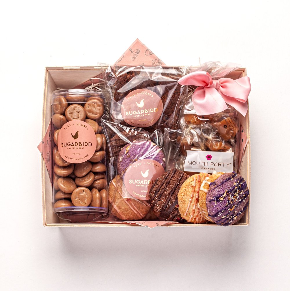 Sweets gift box with salted caramel, cookies, shortbread, and brownies