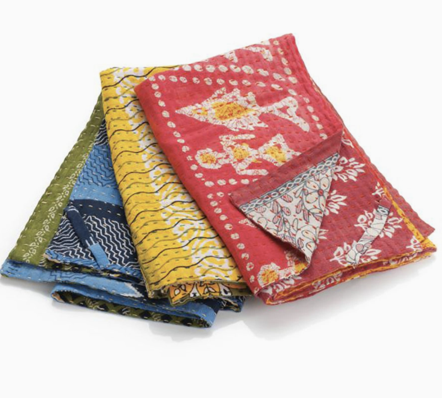 Kantha scone warmer set with terracotta stone, handwoven kaisa grass basket and colorful Kantha dish towels, Sugarbird Sweets and Teas Los Angeles