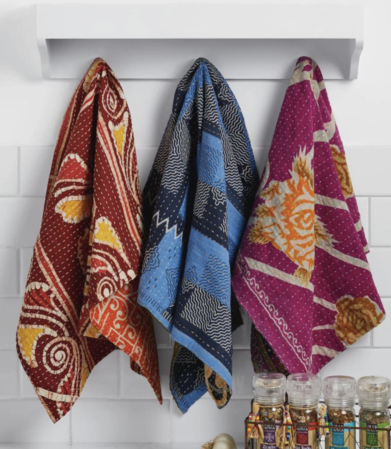 Kantha scone warmer set with terracotta stone, handwoven kaisa grass basket and colorful Kantha dish towels, Sugarbird Sweets and Teas Los Angeles