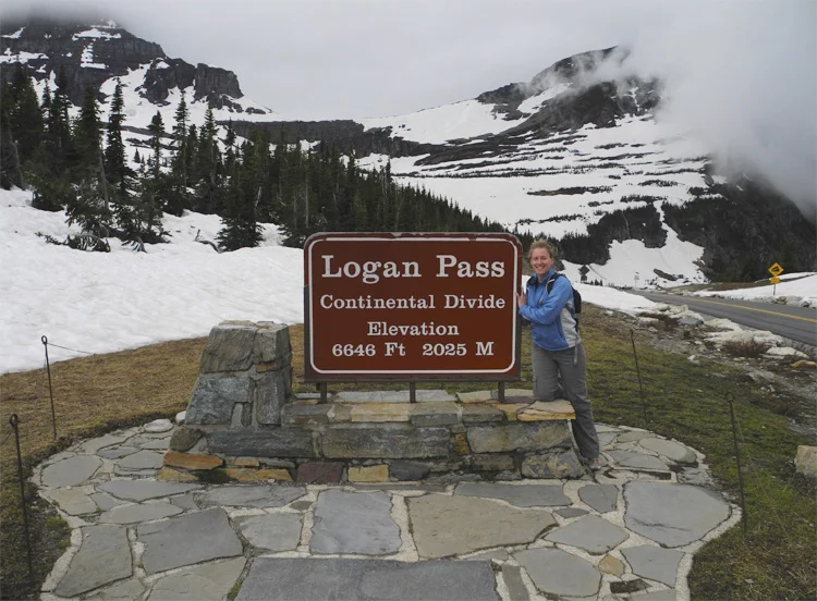 Quite a bit of snow (and wind -- cue the crazy hair) at Logan Pass! 