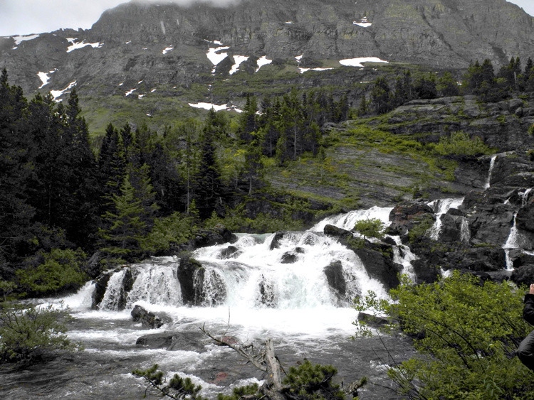 Red Rock Falls (in the Many Glacier area) on a rainy day.