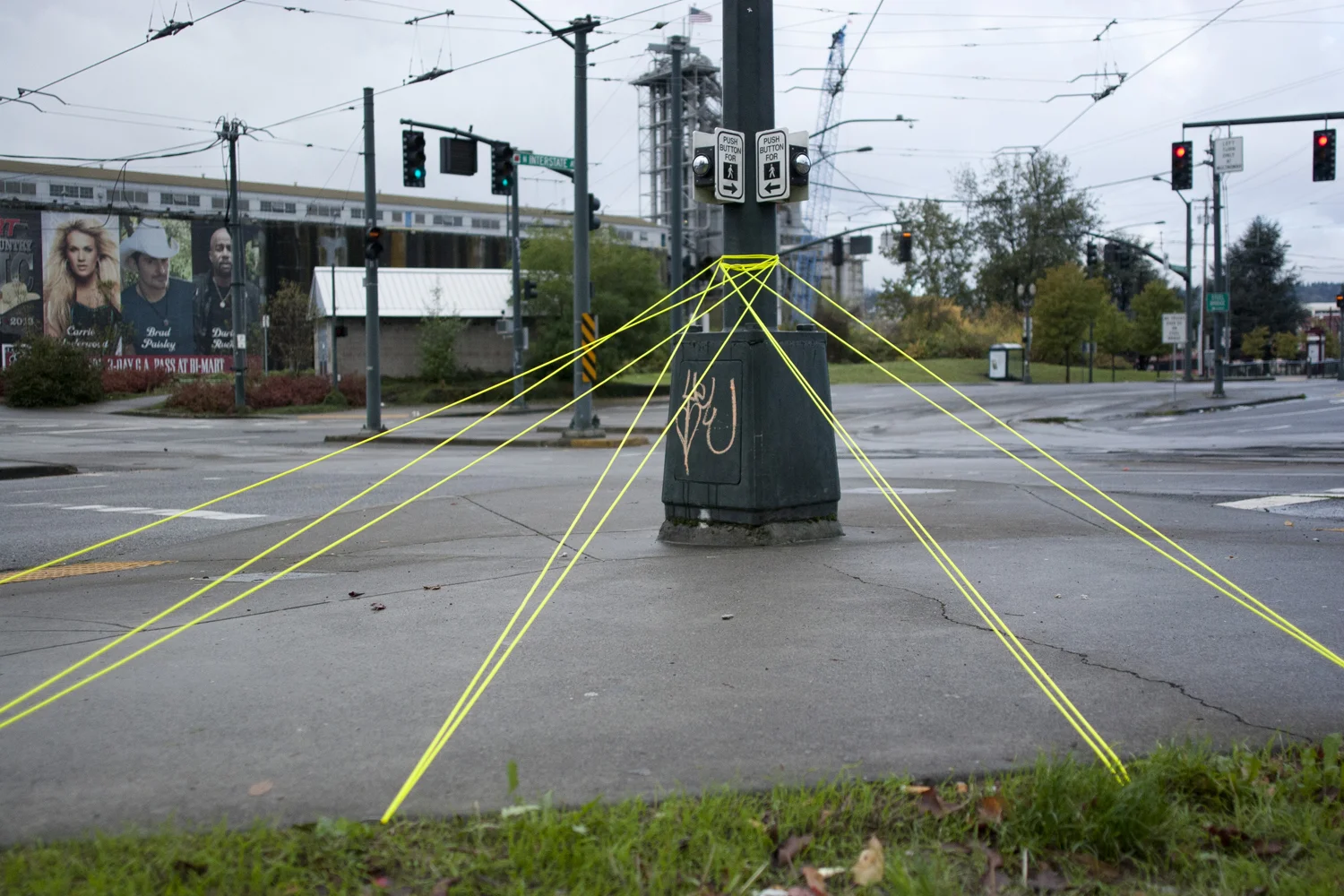 Tactically introduced into the public landscape, these non-functional material additions served as tests to discover what caught the attention of passers-by. To facilitate these experiments, limitations were established for material, location, and target verb. I installed a defined set of materials in public locations and observed the reactions of people as they encountered it. Five installations were completed, using three variations of materials, in two different locations. The intentions of these experiments were threefold: First, gain an understanding or insight into the reactions of people to these obscure objects. Second, to establish a comfort with working in this guerilla, public arena. Finally, to explore the materiality of a limited palette of building blocks, and use that understanding to inform the next phase.