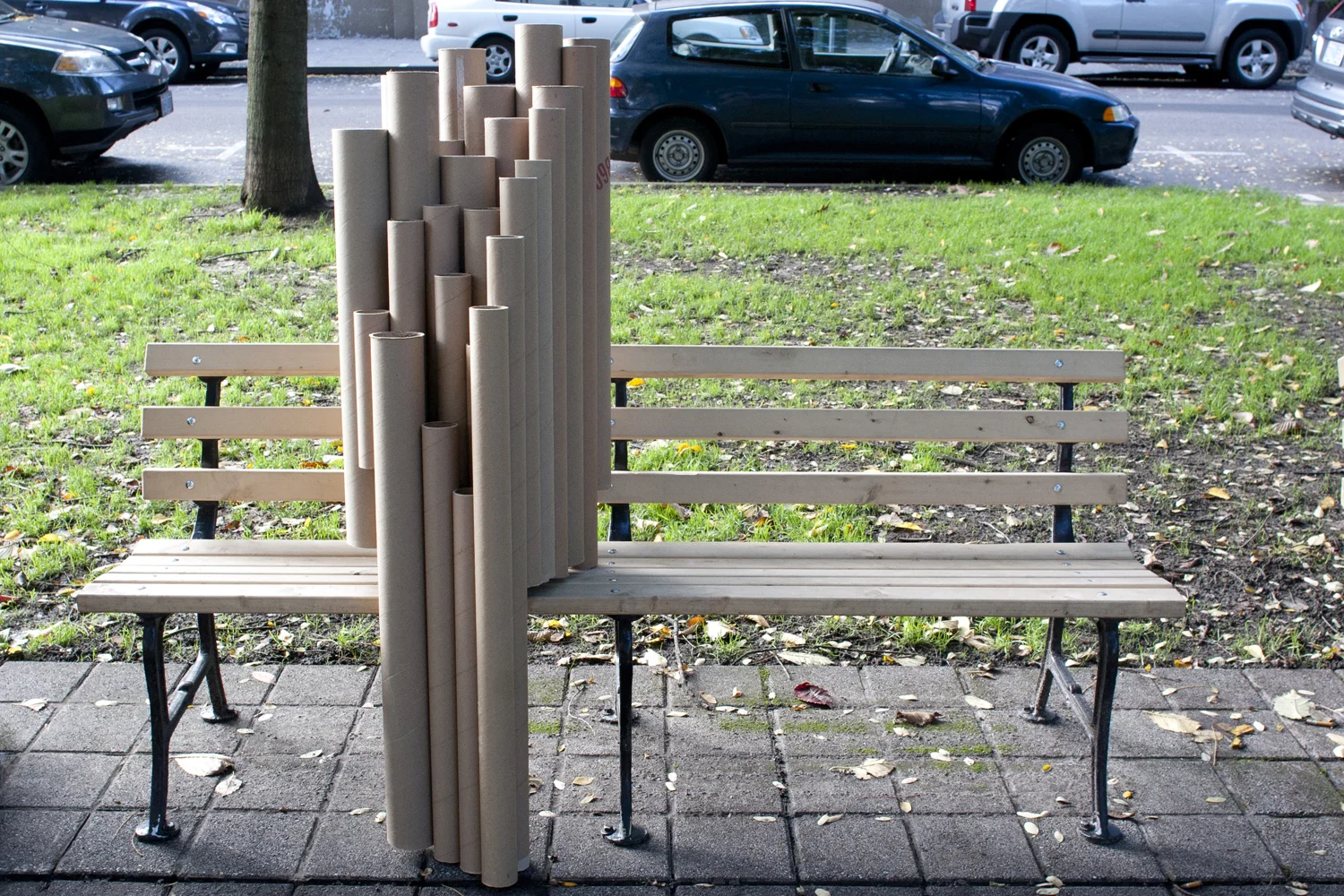 Tactically introduced into the public landscape, these non-functional material additions served as tests to discover what caught the attention of passers-by. To facilitate these experiments, limitations were established for material, location, and target verb. I installed a defined set of materials in public locations and observed the reactions of people as they encountered it. Five installations were completed, using three variations of materials, in two different locations. The intentions of these experiments were threefold: First, gain an understanding or insight into the reactions of people to these obscure objects. Second, to establish a comfort with working in this guerilla, public arena. Finally, to explore the materiality of a limited palette of building blocks, and use that understanding to inform the next phase.