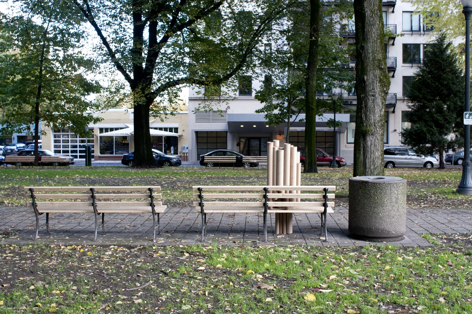 Tactically introduced into the public landscape, these non-functional material additions served as tests to discover what caught the attention of passers-by. To facilitate these experiments, limitations were established for material, location, and target verb. I installed a defined set of materials in public locations and observed the reactions of people as they encountered it. Five installations were completed, using three variations of materials, in two different locations. The intentions of these experiments were threefold: First, gain an understanding or insight into the reactions of people to these obscure objects. Second, to establish a comfort with working in this guerilla, public arena. Finally, to explore the materiality of a limited palette of building blocks, and use that understanding to inform the next phase.