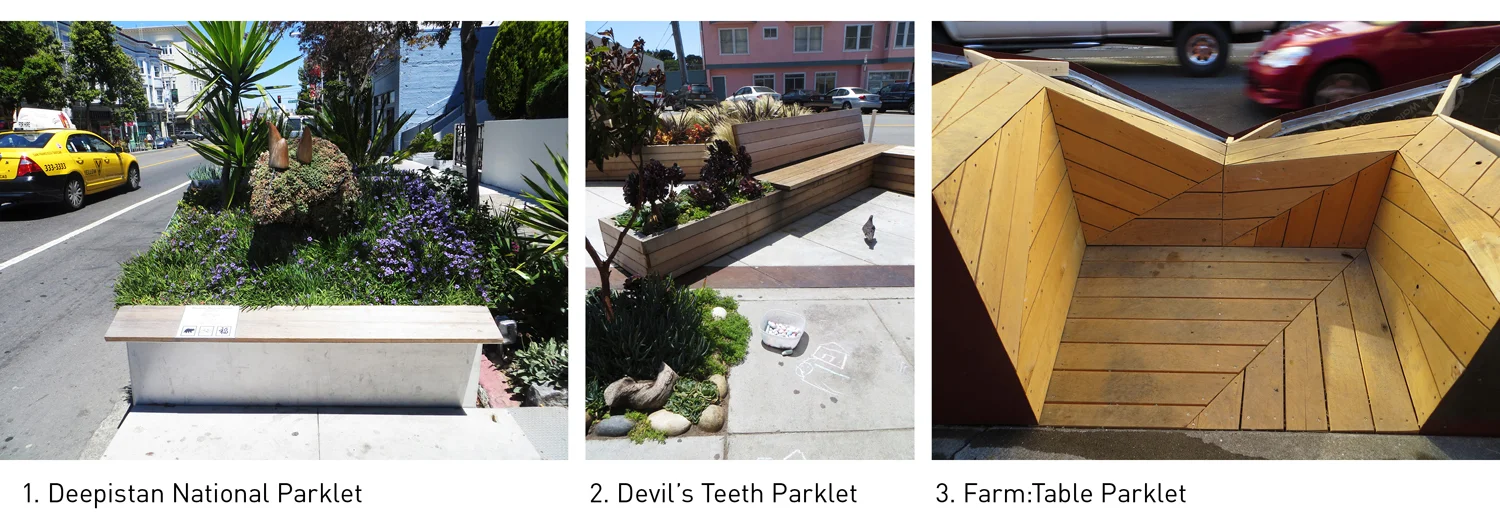 Design research findings from a two-week externship program in San Francisco at Public Architecture through the Public Interest Design program at the University of Texas. A parklet is an urban intervention to create more public space. Parklets function as public space, much like a traditional park, but rely on the stewardship of a sponsoring business. Parklets are built in the public right-of-way, typically repurposing two adjacent parking spaces, shifting their use from the storage of cars to pedestrian-centered public space. Full report here: PDF Collaborator: GIlad Meron 