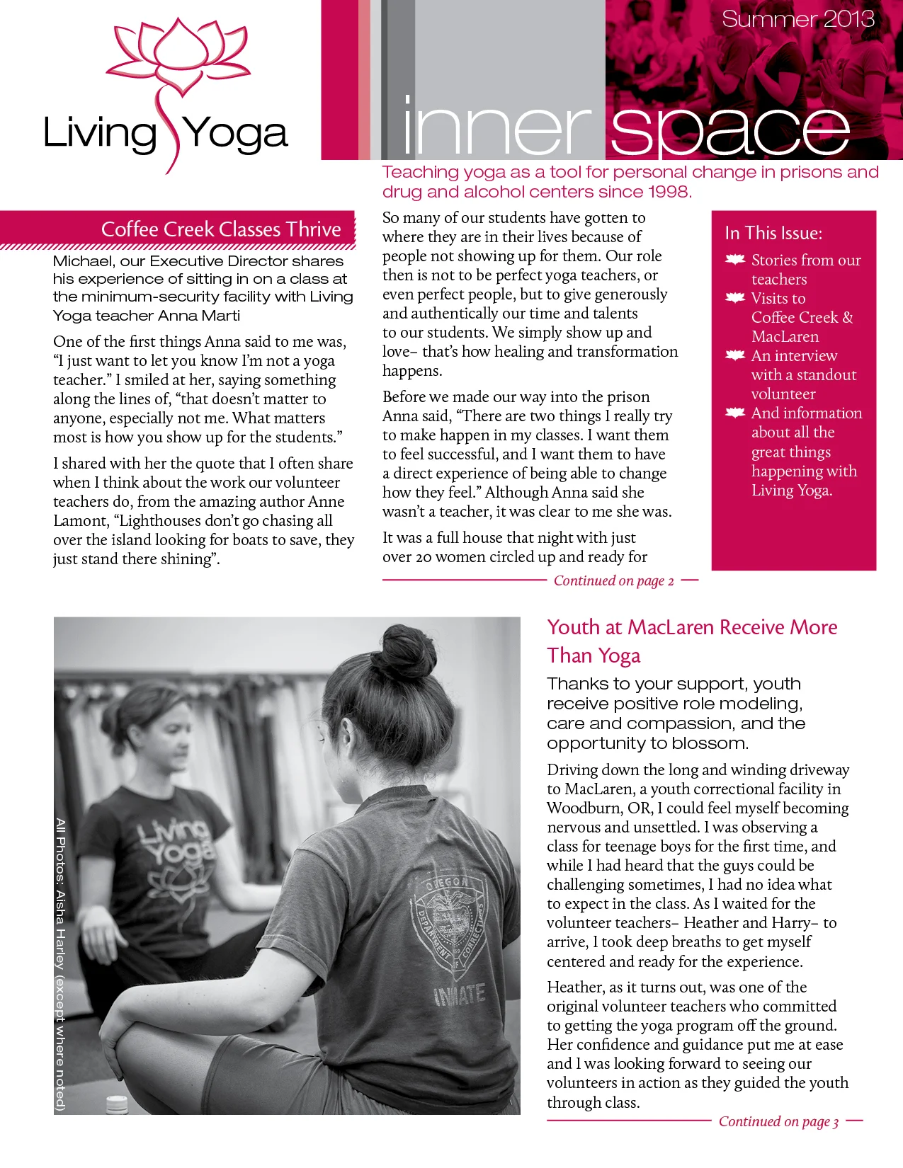  Living Yoga Summer 2013 Newsletter 4 pages, 8.5" x 11" 